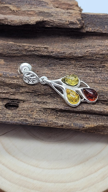 Mixed Amber Leaf Design Fancy Dangly/Dangle Drop Silver Earrings for Women/Teenage/Girls - 925 Sterling Silver - Mixed Orange Yellow & Green Amber - 11mm W X 29mm H. 070386