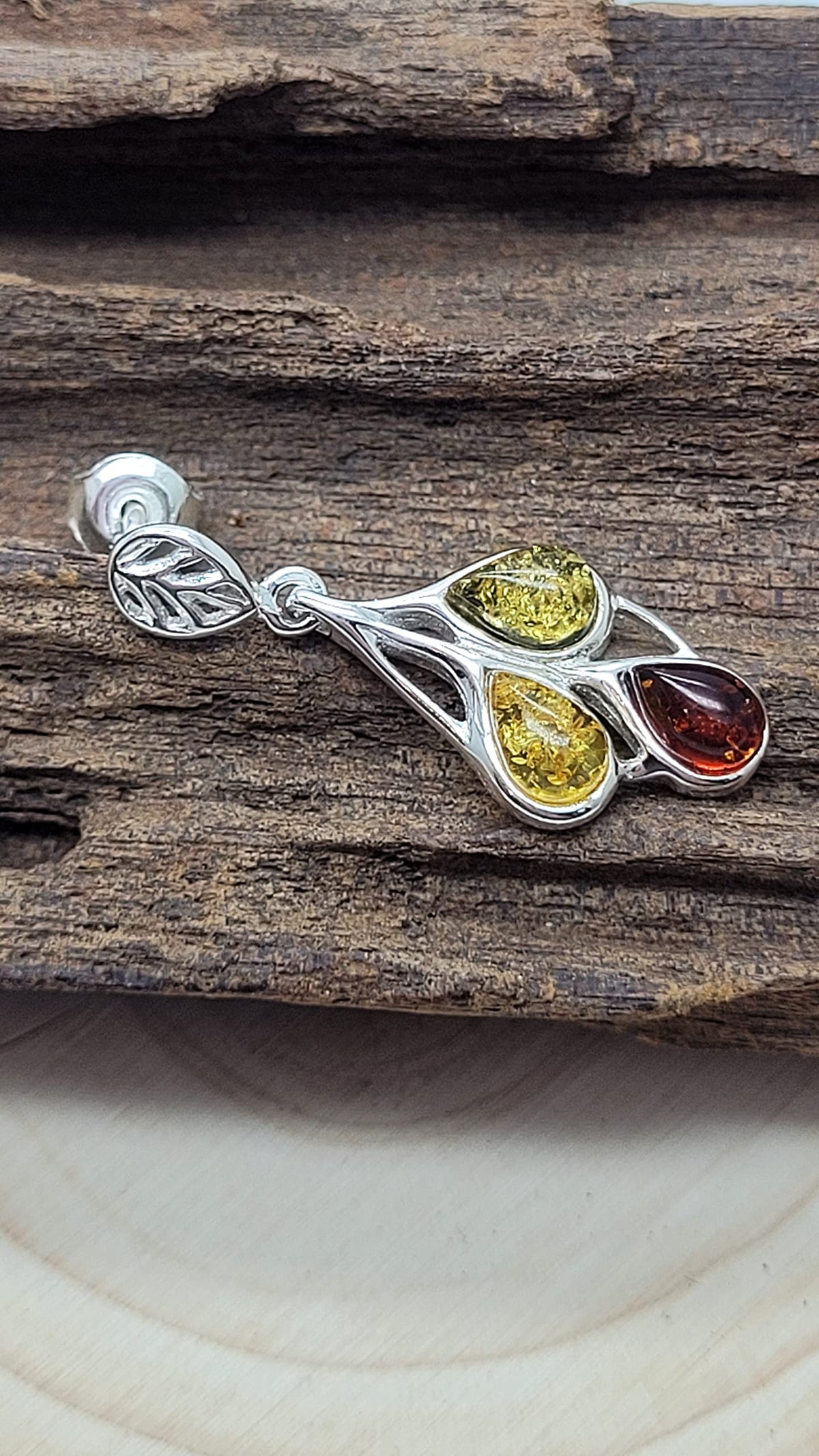 Mixed Amber Leaf Design Fancy Dangly/Dangle Drop Silver Earrings for Women/Teenage/Girls - 925 Sterling Silver - Mixed Orange Yellow & Green Amber - 11mm W X 29mm H. 070386