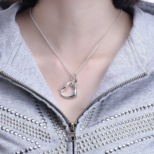 Classic Double Floating Heart Pendant Necklace on Silver Tone Curb Chain for Women/Teenage/Girls - 925 Sterling Silver Plated