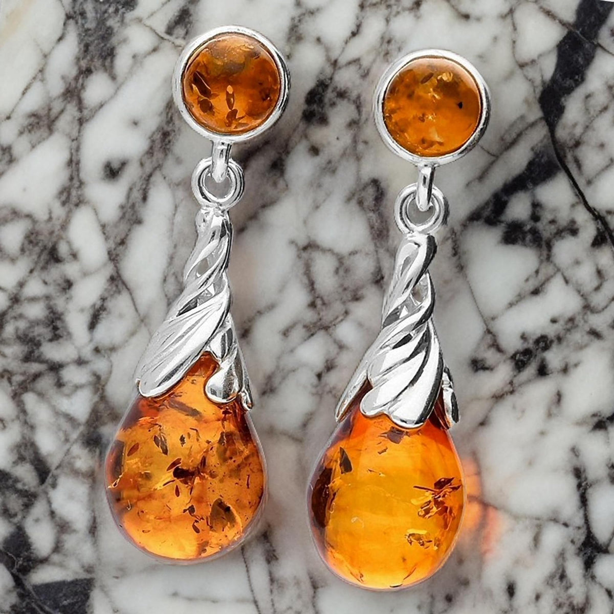 Fancy Twisted Swirl Baltic Honey Cognac Orange Amber Sterling Silver Dangly/Dangle Drop Earrings for Women Ladies Girls - Classic Amber Jewellery. 090015Cc