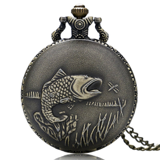Fish/Fishing/Angling 3D Bronze Effect Antiqued/Vintage Case Men's Quartz Pocket Watch Necklace - On 32" Inch / 80cm Chain