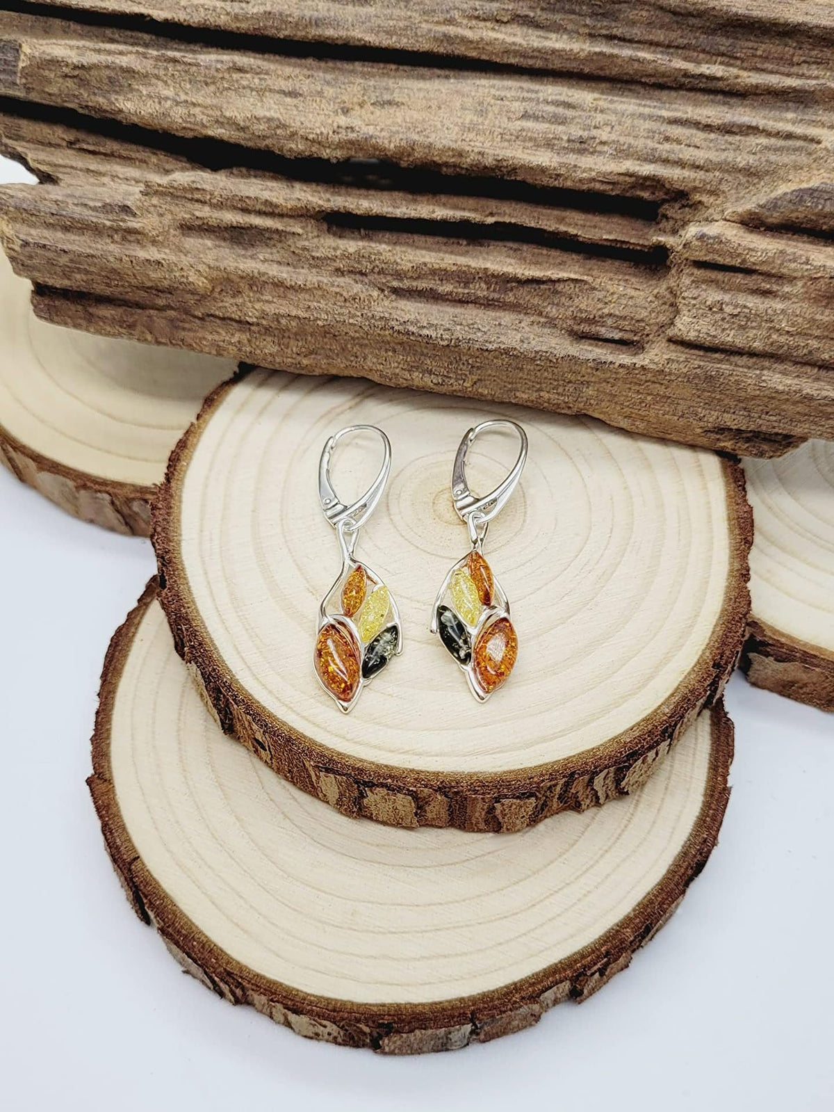 Warped Teardrop Mixed Baltic Amber Lever Back Fancy Dangly/Dangle Drop Silver Earrings for Women/Ladies/Girls - 925 Sterling Silver - Amber Jewellery for Women. 070238