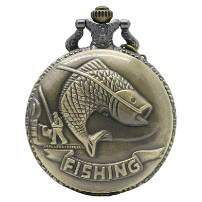 Fishing/Angling 3D Brushed Bronze Effect Antiqued/Vintage Case Men's Quartz Pocket Watch Necklace - On 32" Inch / 80cm Chain
