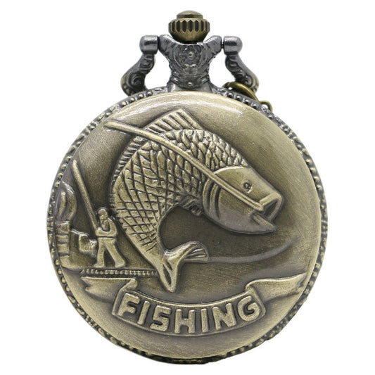 Fishing/Angling 3D Brushed Bronze Effect Antiqued/Vintage Case Men's Quartz Pocket Watch Necklace - On 32" Inch / 80cm Chain