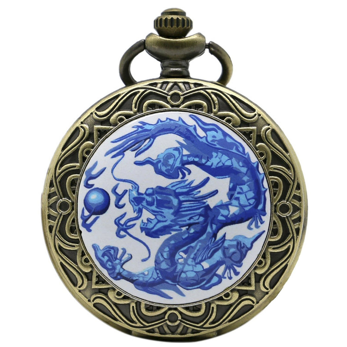 Blue Chinese Dragon with Ornate Border Bronze Effect Antiqued/Vintage Case Men's Quartz Pocket Watch Necklace - On 32" Inch / 80cm Chain