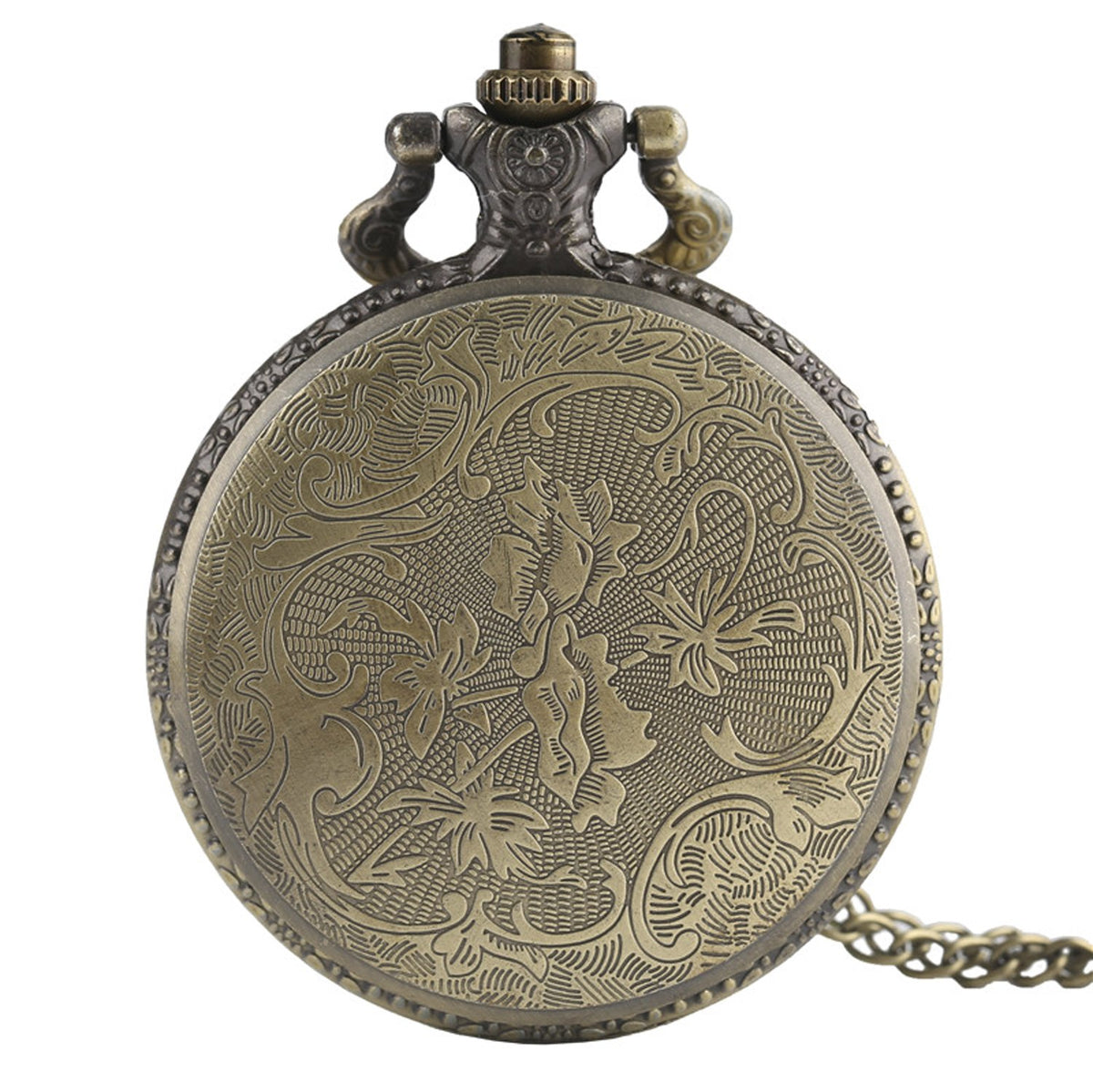 Skull Themed 3D Brushed Bronze Effect Quartz Pocket Watch Necklace - On 32" Inch / 80cm Chain