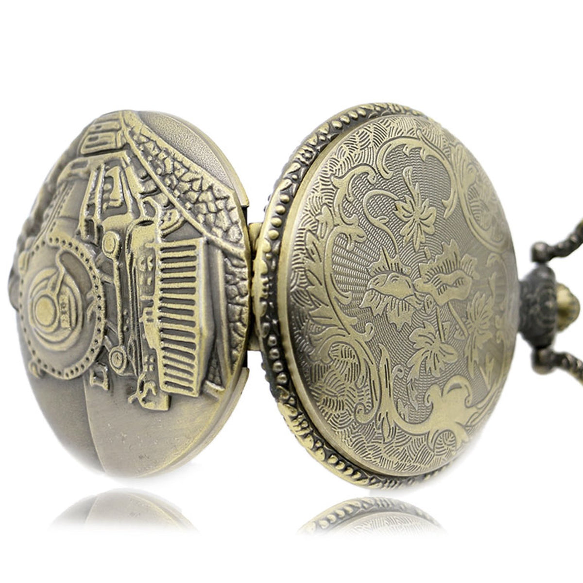 STEAM Train/Locomotive Engine Themed 3D Bronze Effect Men's Quartz Pocket Watch Necklace - 
