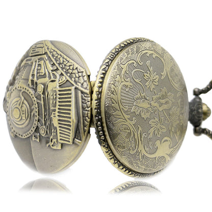 STEAM Train/Locomotive Engine Themed 3D Bronze Effect Men's Quartz Pocket Watch Necklace - 
