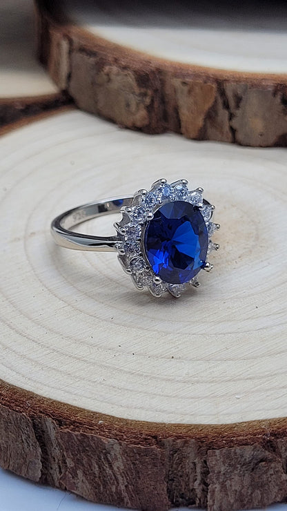 Womens Sterling Silver Blue Synthetic Sapphire & White Cubic Zirconia (CZ) Oval Cluster En 