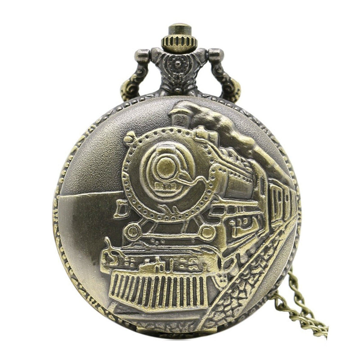 STEAM Train/Locomotive Engine Themed 3D Bronze Effect Men's Quartz Pocket Watch Necklace - 