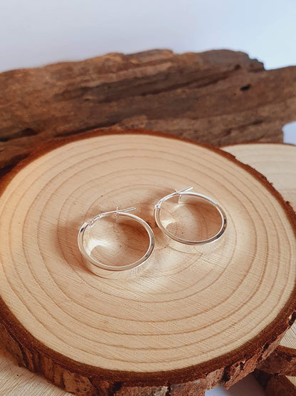 18MM Round Plain Flat-Edged Creole Hoop Earrings - 3MM Thick - 925 Sterling Silver