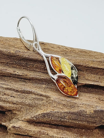 Warped Teardrop Mixed Baltic Amber Lever Back Fancy Dangly/Dangle Drop Silver Earrings for Women/Ladies/Girls - 925 Sterling Silver - Amber Jewellery for Women. 070238