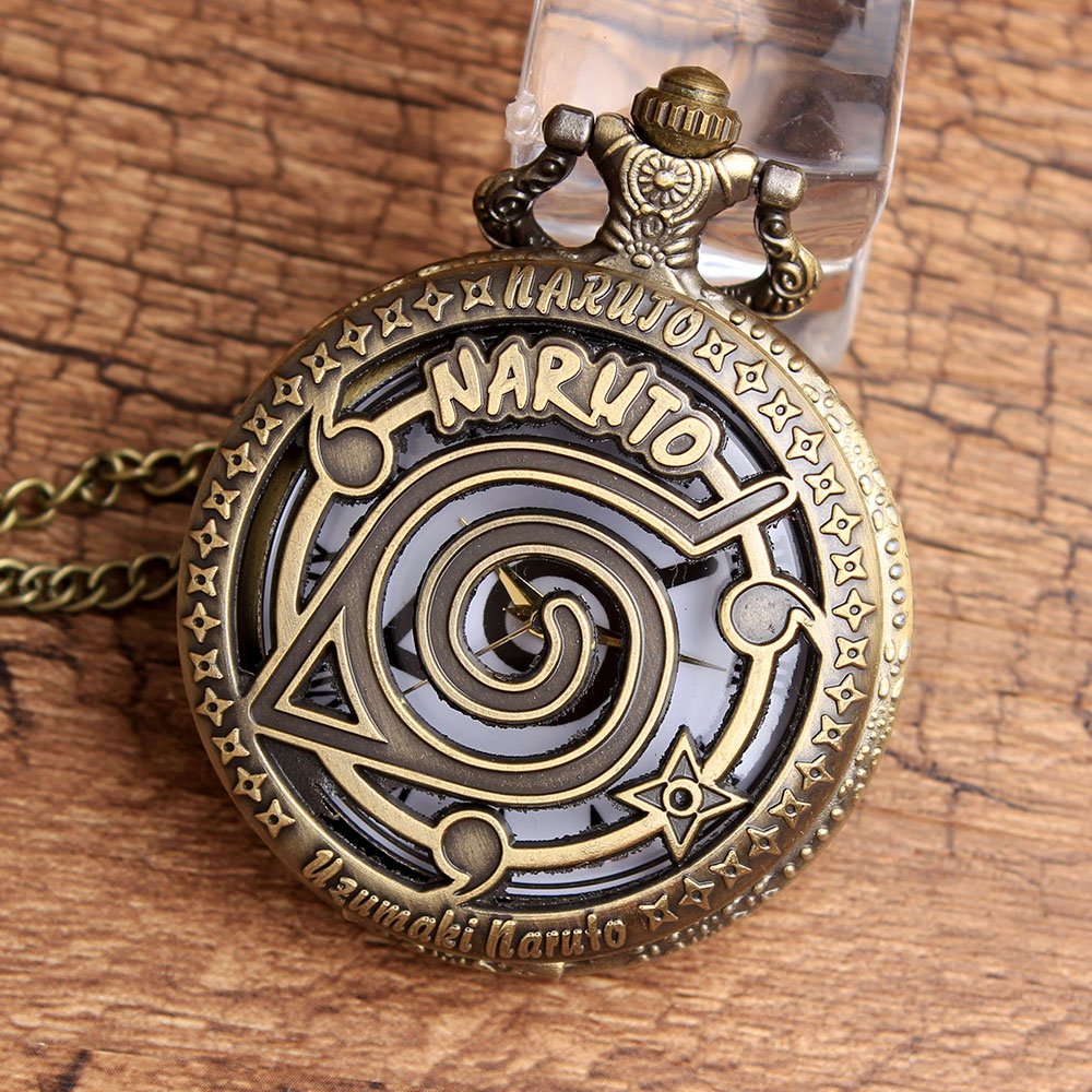 Naruto Anime Antique Bronze Effect Retro/Vintage Case Men's Quartz Pocket Watch Necklace - On 32" Inch / 80cm Chain