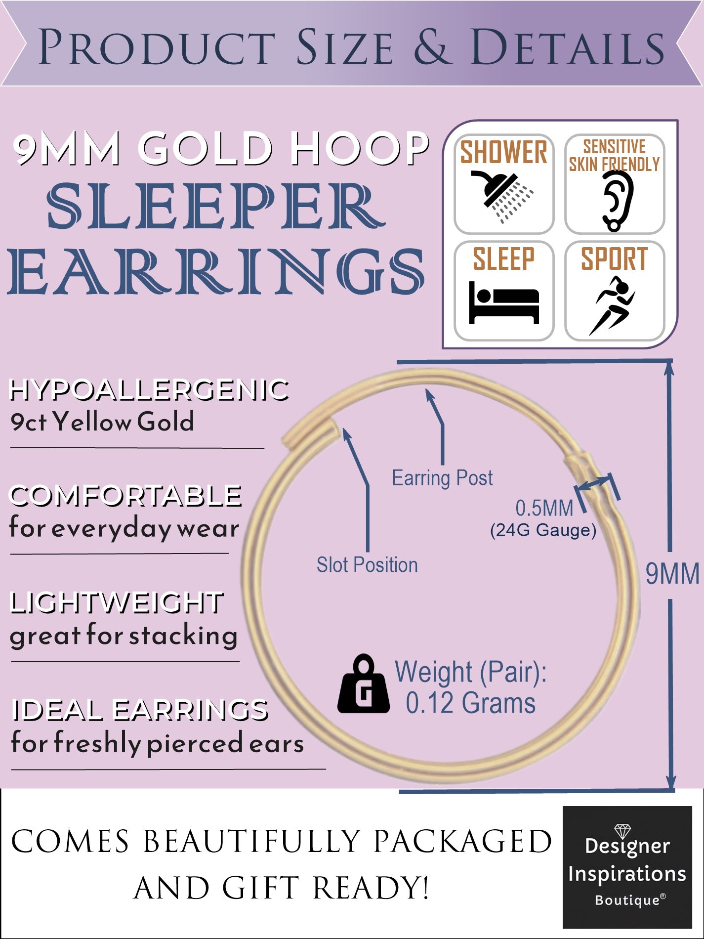 9mm 9ct Gold Hoop Sleeper Earrings For Women Men Kids - Endless/Seamless Continuous Small Thin ULTRA MINI Hoops - Solid Gold Hoop Earring Sleepers