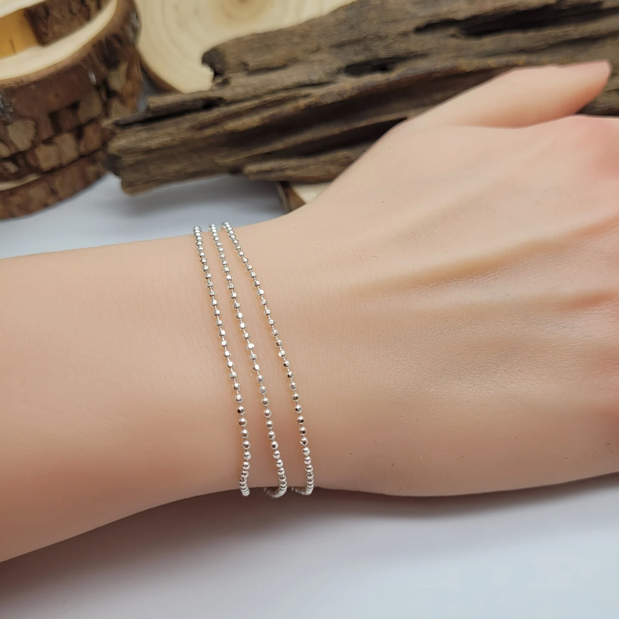 Sterling Silver Triple Diamond Cut Bead Strand Bracelet - PLUS SIZE available