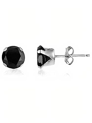 7MM Classic Brilliant Round Cut Cubic Zirconia (CZ) Sterling Silver Solitaire Stud Earrings/Ear Studs for Women Ladies Girls - Birthstone Earrings - ONYX BLACK. 7-BLCK