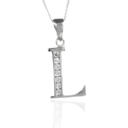 Alphabet/Initial Letter "L" Sterling Silver Pendant Necklace With Sparkly CZ Stones - On 18" Inch/46cm Chain