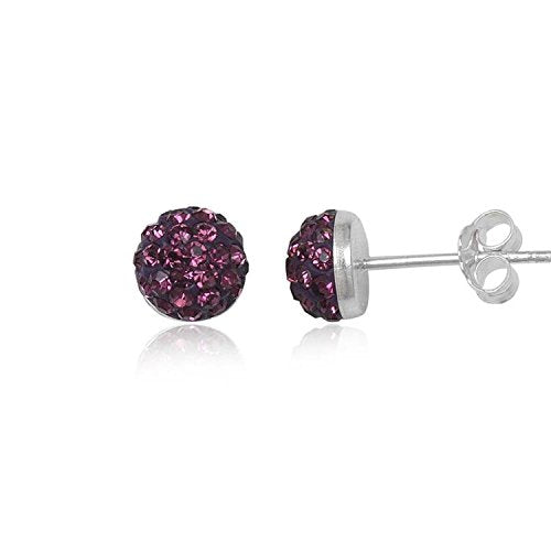 6MM Half Disco Ball Sterling Silver Stud Earrings/Ear Studs for Women Ladies Girls - 925 Sterling Silver Round Austrian Crystal Earrings - PURPLE AMETHYST. 6-PA