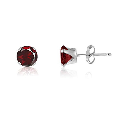 5MM Classic Brilliant Round Cut Cubic Zirconia (CZ) Sterling Silver Solitaire Stud Earrings/Ear Studs for Women Ladies Girls - Birthstone Earrings - GARNET RED. 5-GARN