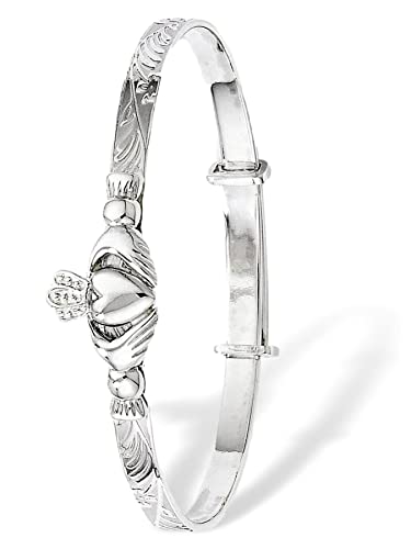 3MM Wide 3D Irish Claddagh Design Expanding / Expandable / Adjustable Bangle Bracelet for Baby/Child/Children - 925 Sterling Silver - Size: BABY (Small)