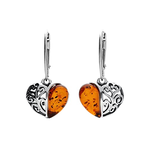 Filigree Heart Baltic Orange Amber Lever Back 925 Sterling Silver Earrings for Women/Ladies/Girls - Fancy Heart Amber Dangly/Dangle Drop Earrings - Amber Jewellery for Women. 070125C