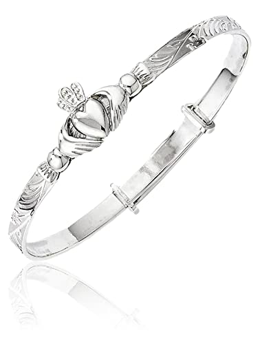 3MM Wide 3D Irish Claddagh Design Expanding / Expandable / Adjustable Bangle Bracelet for Baby/Child/Children - 925 Sterling Silver - Size: BABY (Small)