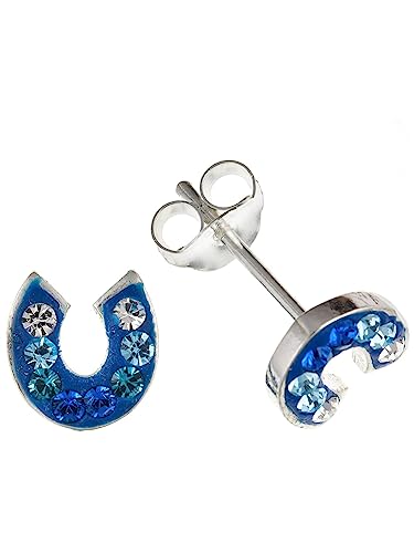 Blue Crystal Horseshoe Stud Earrings/Ear Studs for Girls Child Children - 925 Sterling Silver - Earrings for Children