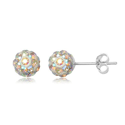 6MM WOMENS Sparkly Disco Ball Sterling Silver Stud Earrings - AURORA AB Colour