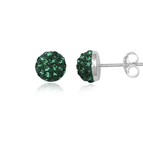 6MM Half Disco Ball Sterling Silver Stud Earrings/Ear Studs for Women Ladies Girls - 925 Sterling Silver Round Austrian Crystal Earrings - GREEN EMERALD. 6-GE