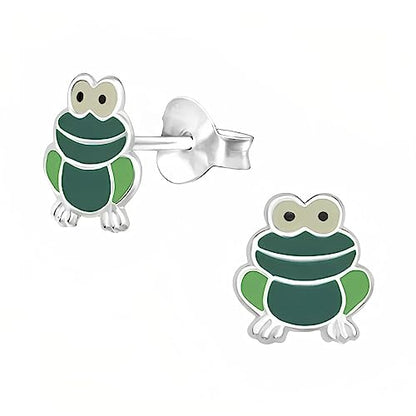 FROG Stud Earrings/Pair of Ear Studs in Green Enamel - 925 Sterling Silver - Girls/Childs/Childrens Earrings for Children