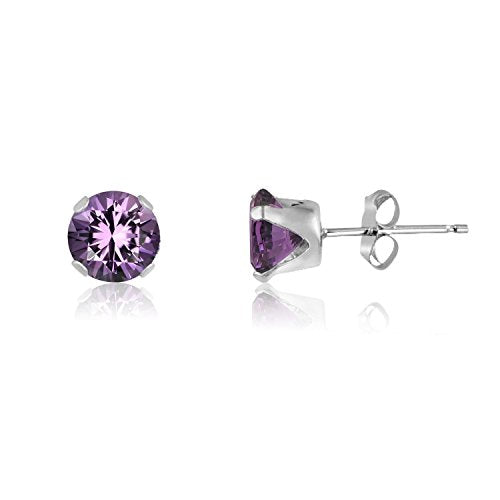 6MM Classic Brilliant Round Cut Cubic Zirconia (CZ) Sterling Silver Solitaire Stud Earrings/Ear Studs for Women Ladies Girls - Birthstone Earrings - AMETHYST PURPLE. 6-AMET