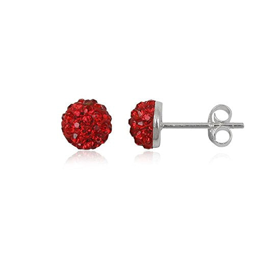 6MM Half Disco Ball Sterling Silver Stud Earrings/Ear Studs for Women Ladies Girls - 925 Sterling Silver Round Austrian Crystal Earrings - RED LIGHT SIAM. 6-RLS2