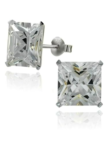 10MM MENS Princess Cut/Square Simulated Diamond Cubic Zirconia (CZ) Sterling Silver Stud Earring/Ear Stud for Men Boys Unisex - White/Clear (Large) Single Stud - Beckham Style