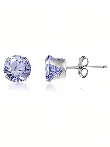 7MM Classic Brilliant Round Cut Cubic Zirconia (CZ) Sterling Silver Solitaire Stud Earrings/Ear Studs for Women Ladies Girls - Birthstone Earrings - LAVENDER PURPLE. 7-LAVE