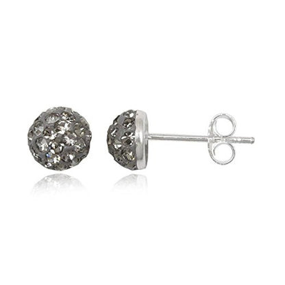 6MM Half Disco Ball Sterling Silver Stud Earrings/Ear Studs for Women Ladies Girls - 925 Sterling Silver Round Austrian Crystal Earrings - GREY BLACK DIAMOND. 6-GBD