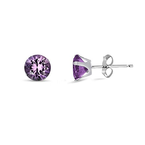 5MM Classic Brilliant Round Cut Cubic Zirconia (CZ) Sterling Silver Solitaire Stud Earrings/Ear Studs for Women Ladies Girls - Birthstone Earrings - AMETHYST PURPLE. 5-AMET