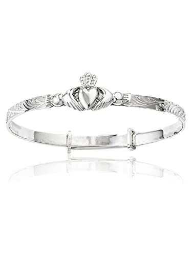 3MM Wide 3D Irish Claddagh Design Expanding / Expandable / Adjustable Bangle Bracelet for Baby/Child/Children - 925 Sterling Silver - Size: BABY (Small)