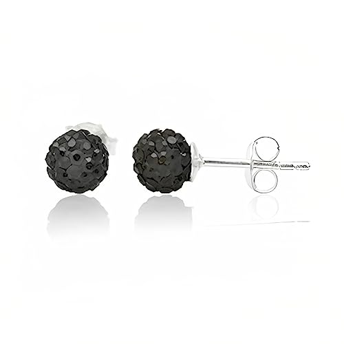 6MM UNISEX Sparkly Pave Glitter/Disco Ball Sterling Silver Stud Earrings/Ear Studs for Women Men Ladies Girls - Round Silver Earrings - BLACK JET