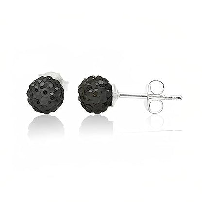 6MM UNISEX Sparkly Pave Glitter/Disco Ball Sterling Silver Stud Earrings/Ear Studs for Women Men Ladies Girls - Round Silver Earrings - BLACK JET