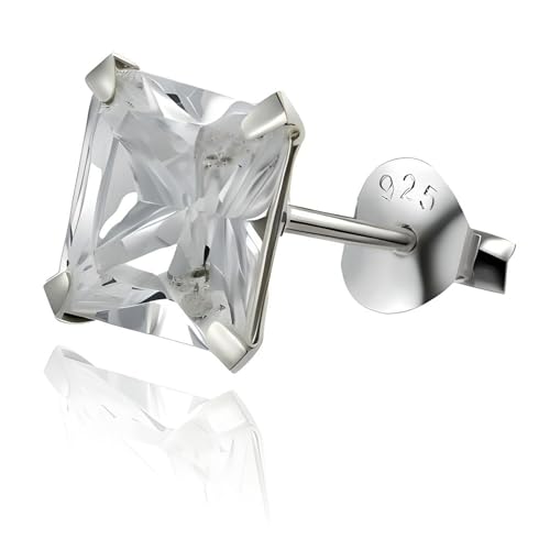 8MM MENS Princess Cut/Square Simulated Diamond Cubic Zirconia (CZ) Sterling Silver Stud Earring/Ear Stud for Men Boys Unisex - White/Clear (Medium) Single Stud - Beckham Style