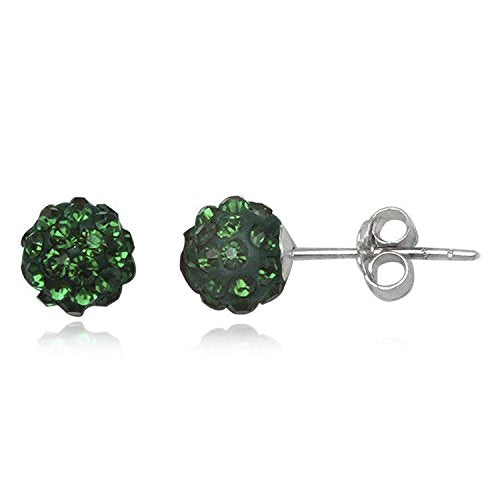 6MM WOMENS Sparkly Pave Glitter/Disco Ball Sterling Silver Stud Earrings/Ear Studs for Women Ladies Girls - Round Silver Earrings - GREEN EMERALD