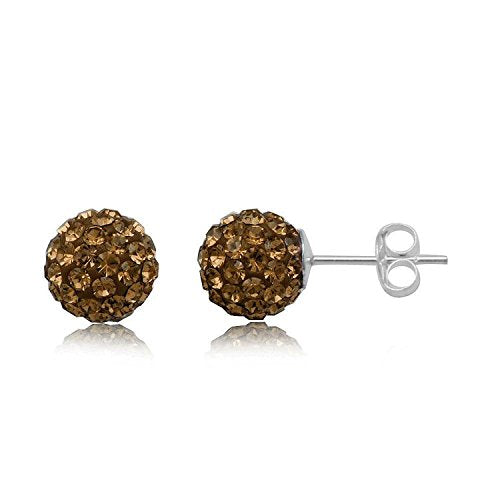 6MM WOMENS Sparkly Pave Glitter/Disco Ball Sterling Silver Stud Earrings/Ear Studs for Women Ladies Girls - Round Silver Earrings - BROWN SMOKED TOPAZ