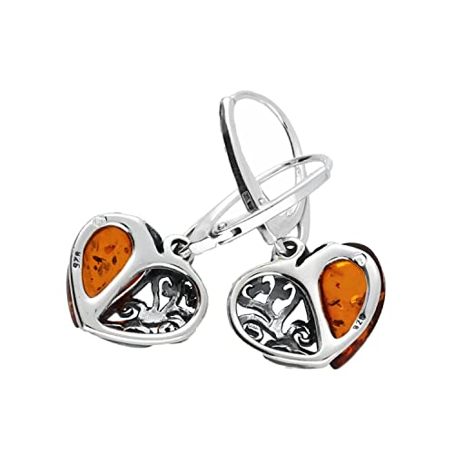 Filigree Heart Baltic Orange Amber Lever Back 925 Sterling Silver Earrings for Women/Ladies/Girls - Fancy Heart Amber Dangly/Dangle Drop Earrings - Amber Jewellery for Women. 070125C