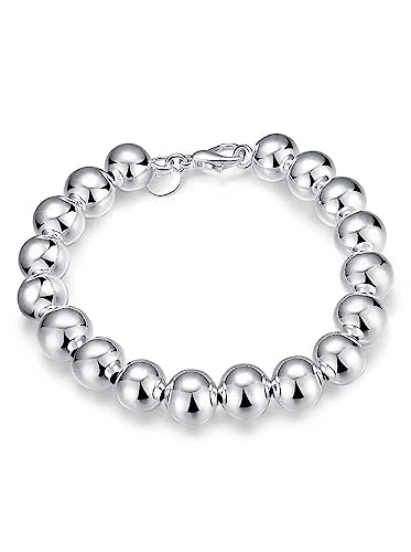 10MM Bead / Ball Bracelet for Women / Ladies / Girls (Hollow/Light Weight) - 925 Sterling Silver Plated - 8" Inch Classic Beaded Bracelet