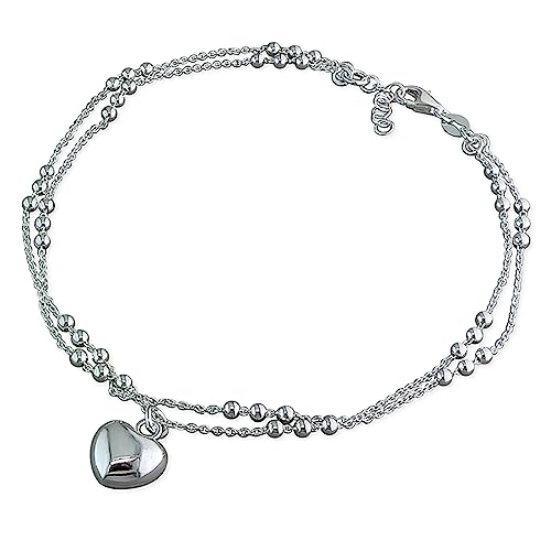 9.75 Inch Beaded Double Chain With Heart Sterling Silver Anklet/Ankle Bracelet/Ankle Chain - 925 Sterling Silver - 9.75" Inch/25cm - Anklets for Women