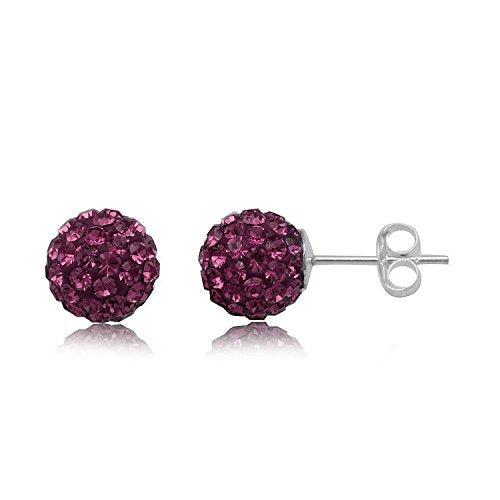 6MM WOMENS Sparkly Pave Glitter/Disco Ball Sterling Silver Stud Earrings/Ear Studs for Women Ladies Girls - Round Silver Earrings - PURPLE AMETHYST