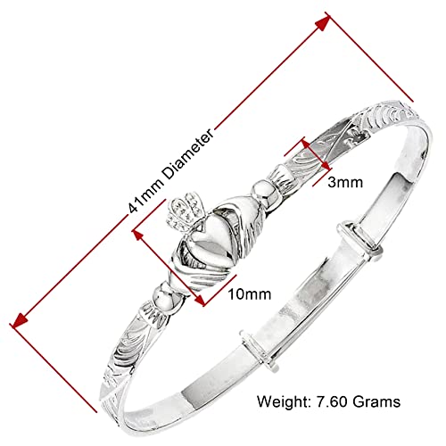 3MM Wide 3D Irish Claddagh Design Expanding / Expandable / Adjustable Bangle Bracelet for Baby/Child/Children - 925 Sterling Silver - Size: BABY (Small)