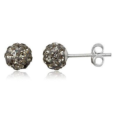 6MM UNISEX Sparkly Pave Glitter/Disco Ball Sterling Silver Stud Earrings/Ear Studs for Women Men Ladies Girls - Round Silver Earrings - GREY BLACK DIAMOND