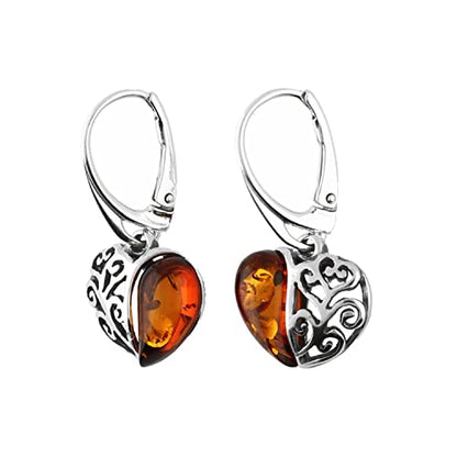 Filigree Heart Baltic Orange Amber Lever Back 925 Sterling Silver Earrings for Women/Ladies/Girls - Fancy Heart Amber Dangly/Dangle Drop Earrings - Amber Jewellery for Women. 070125C