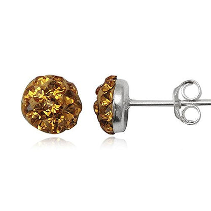 6MM Half Disco Ball Sterling Silver Stud Earrings/Ear Studs for Women Ladies Girls - 925 Sterling Silver Round Austrian Crystal Earrings - YELLOW TOPAZ. 6-YT